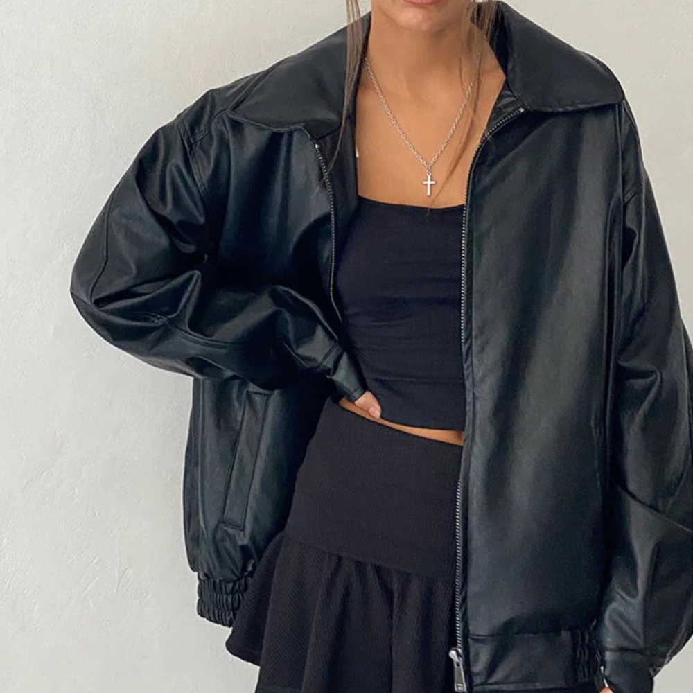 Motel Rocks | Black Leather Bomber Jacket with Relaxed Fit